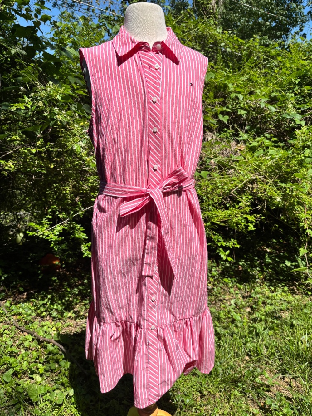 Pink Stripe Sleeveless Dress with Collar